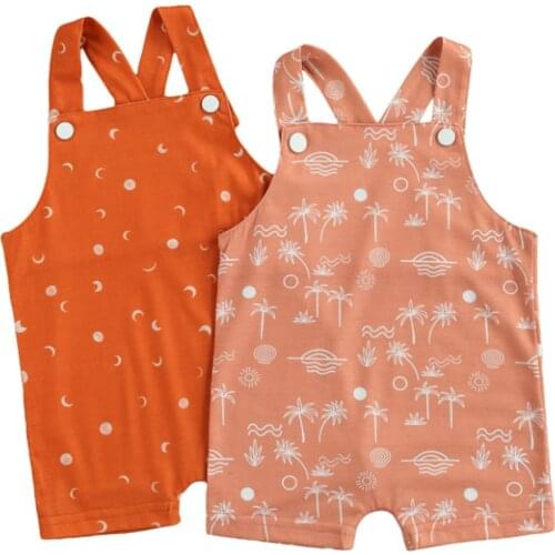 2021 Fashion Toddler Girl Summer Overalls Sun Moon/Tree Print Sleeveless Suspenders Jumpsuit for Baby Girls Boys Romper