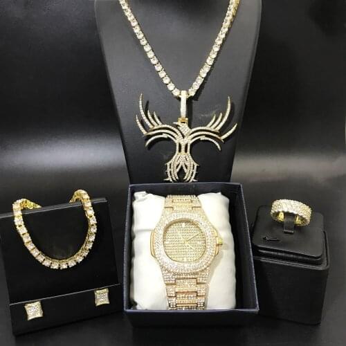 Hip Hop Men Gold Cuban Neckalce Luxury Men Watch & Neckalce & Braclete & Ring & Earrings Combo Set Ice Out Cuban Jewerly For Men