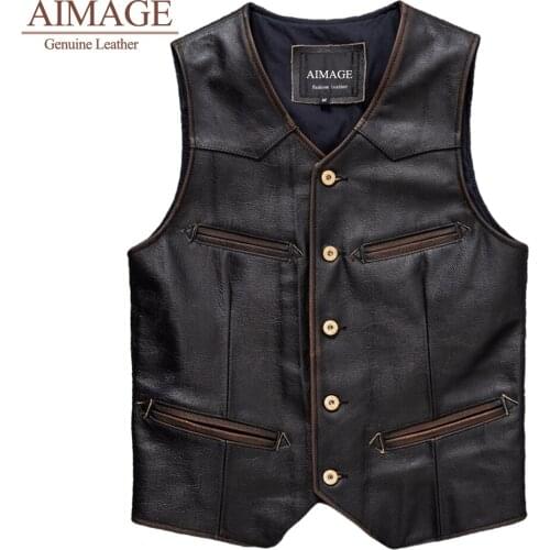 Men 100% real Genuine leather vest jacket. Vintage Leather Motorcycle Vest Mens Slim Fit Real Cow Genuine Leather Waistcoat Bike