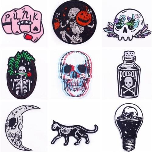 Punk Patch Skeleton Iron On Patches For Clothing Stickers Flowers Embroidered Patch On Clothes Moon Appliques DIY On Dress