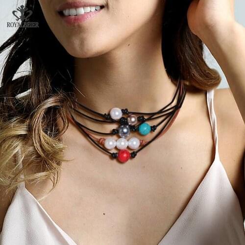 New Arrivals Hot sale Pearl Leather Choker 2 styles Simulated Pearl Handmade leather Necklace set