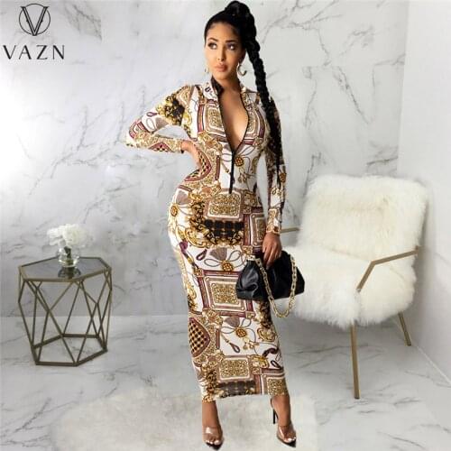 VAZN 2021 Print Deep V-neck Full Sleeve Formal Elegant Maxi Dresses Sexy Club Birthday Dress Women Elegant Fashion Female Dress