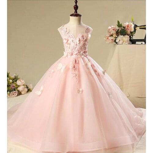 Newborn Princess Infant Dresses Trailing Appliques Pink Tulle Christening Gown First Birthday Party Baby Toddler Baptism Clothes