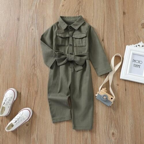 Spring Fall Girls Casual Two-piece Clothes Set Army Green Solid Color Turn-down Collar Long Sleeve Jumpsuit and Waistband