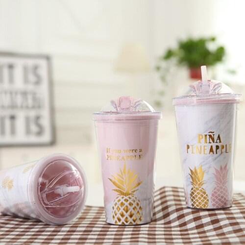 Pink Pineapple Coffee Mugs BPA Free Plastic Water Bottle Travel Mug Portable Tea Milk Juice Cup With Straw Drinkware 420ML ZM825