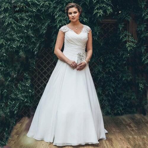 Sleeveless Chiffon V-neck Sweep Train Long Lace Up A-line Cap Sleeve Custom Made V-neck Plus Size Wedding Dress Vestido De Noiva
