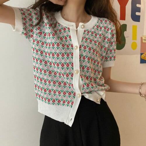 Knitted Tops Vintage Pearl Button Tee Shirt Femme Clothing Korean Style Casual t Shirt Women Summer T-Shirt Woman Short Sleeve