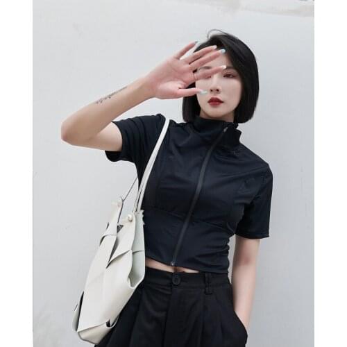 Dark black street personality short zipper coat 2021 summer thin waist slim short sleeve T-shirt