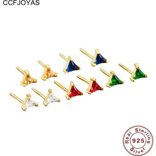 CCFJOYAS 925 Sterling Silver Simple Triangle Colorful Zircon Stud Earrings for Women European and American INS Geometric Earring