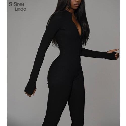 Sisterlinda White Rompers Womens Jumpsuits Elegant Long Sleeve Overalls Night Party Zipper Playsuits Slim Outifts Streetwear2021