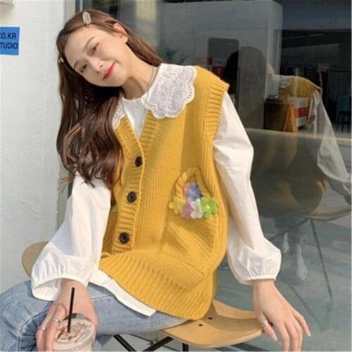 Sweet Flowers Sweater Vests Women Autumn Warm Knitted Sleeveless Jumpers Teen Girls Cute College Pocket Student V-neck Tops Y605