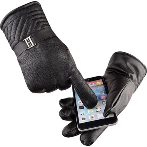 2Pcs Black Touch Screen Warmer Gloves Winter Outdoor Non-slip Sports Riding Motorcycle Waterproof PU Leather Glove