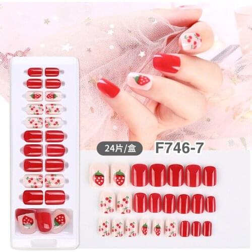 24 Pieces/Box Of Strawberry Florets Pattern Reusable And Wearable Nail Sheets Are Completely Attached To The Fake Nails