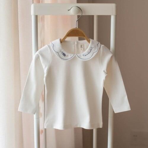 Kids Girls Blouse Fashion Spring Autumn Children Girls T-shirt Cotton Long Sleeve Peter Pan Collar Embroidery White T Shirts