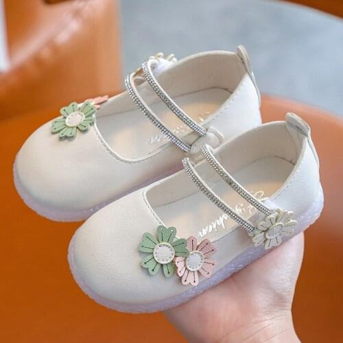 Children Autumn Flat Solid Color Shoes Kids Girls Fashion Cute Flower Leather Shoes Baby Velcro Loafers Teenage Soft-soled Shoes