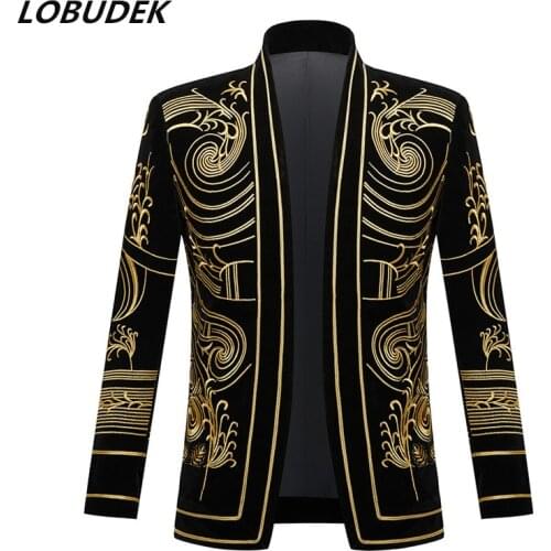 Mens Vintage Gold Embroidered Velvet Blazer England Style Plus Size Suit Jacket Singer Stage Performance Costume Bar DJ Tuxedo