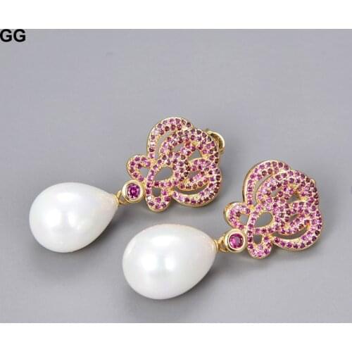 GuaiGuai Jewelry Teardrop White Sea Shell Pearl Golden Plated Fuchsia Cz Drop Earrings