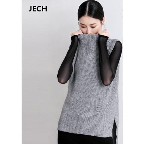 JECH Winter Cashmere Wool Turtleneck Vests Women Back Split Sleeveless Sweaters Casual Fashion Pullovers Solid Female Knitted