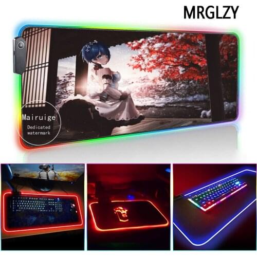 MRGLZY 40*90CM Cute Short Hair Girl LED Light RGB Gamer Large Anime Rem Mouse Pad DeskMat Gaming Accessories for Laptop Keyboard