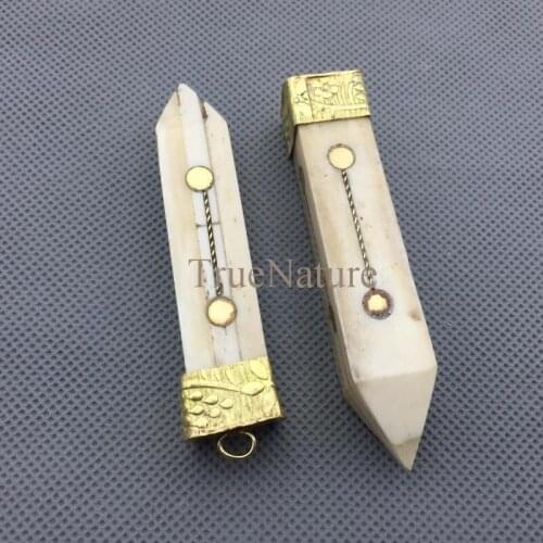 Creamy White Ox Bone Pendant Brass Pendant Dot Inlay Stars Grain Quadrangular Prism Pendant In 76*15 mm PM4745