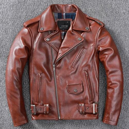 Heavy Classical Perfecto Jacket Motorcycle & Biker Jackets Men Top Natural Calf Skin Brown Leather Coat Mens Slim Clothing