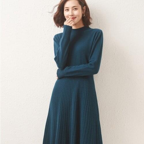 Fashion 2021 Autumn Winter Womens Cashmere Dress Mockneck Long Skirt Over Knee Sweater