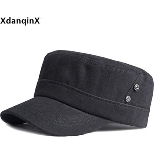 XdanqinX Adjustable Size Mens Cotton Military Hat Black Cap Snapback Cap Men Flat Cap Navy Hat Simple Casual Fashion Sports Cap
