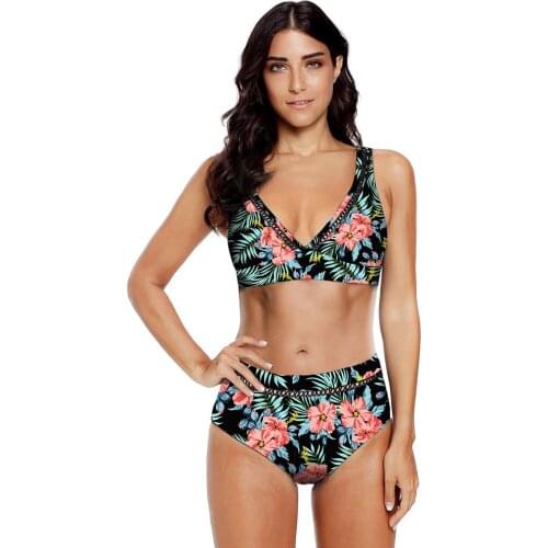 New Ladies sexy deep V bikini printed solid color swimsuit two-piece waist beach bathing suit women plus size swimwear 3XL