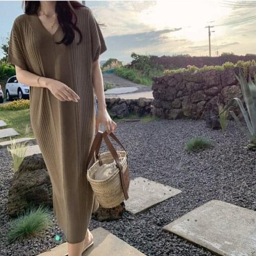 New Summer Dress Women Cotton Linen OL Casual Half Sleeve Dresse Loose short-sleeved long summer Korean knitted T-shirt retro
