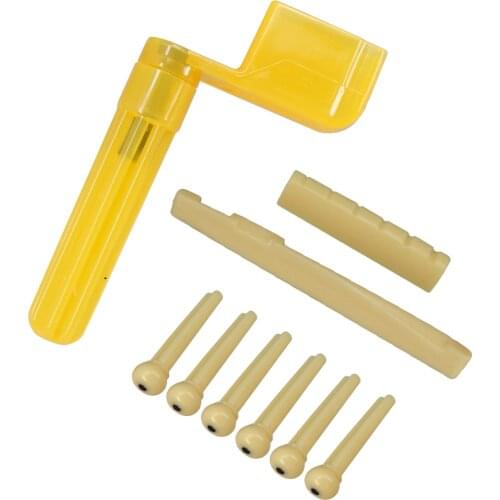 1 Pack Plastic Pe-Slotted Saddle Nut Beige with 6pcs Bridge Pin and Multi-functional String Winder for 6-strings Guitar