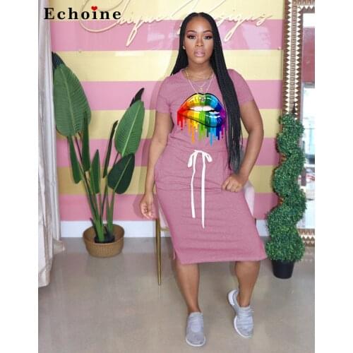 Dress Women Lip Print Midi Ladies Casual Lounge Wear Sundress Loose Pockets Lace Up Fashion Vestidos Graceful Girls Streetwear