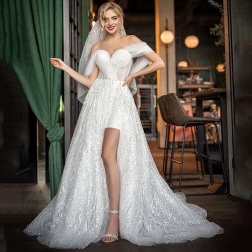 Eightree Boho Beach Wedding Dresses Glitter Off Shoulder Bridal Dress Backless Tulle A-Line High Split Wedding Gowns Custom Size