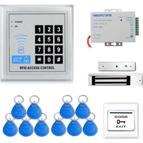 RFID Door Access Control System Kit Set + 180KG Electric Magnetic Lock+ 10pcs Rfid Key tags Key fobs + Power + Exit Button
