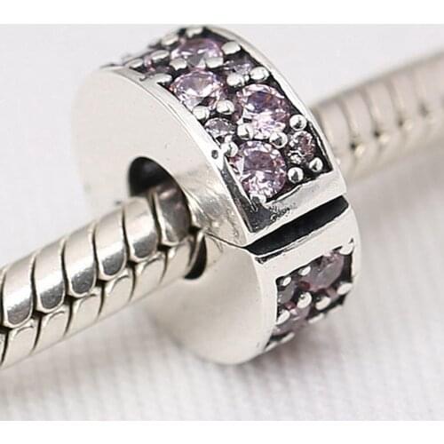 S925 Silver DIY Jewelry Shining Elegance Clips Stoppers Charm fit Lady Bracelet Bangle Pink CZ