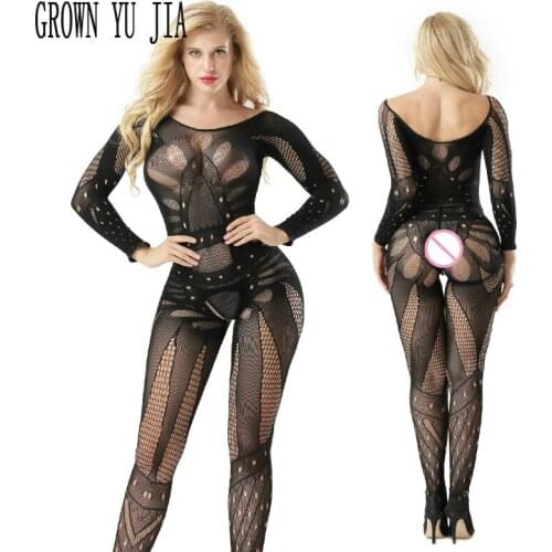 Sexy Long Sleeves Backless Body suits Hot Babydoll Erotic Hollowing Net Lingerie Teddy Body Stocking Porno Open Crotch Catsuit