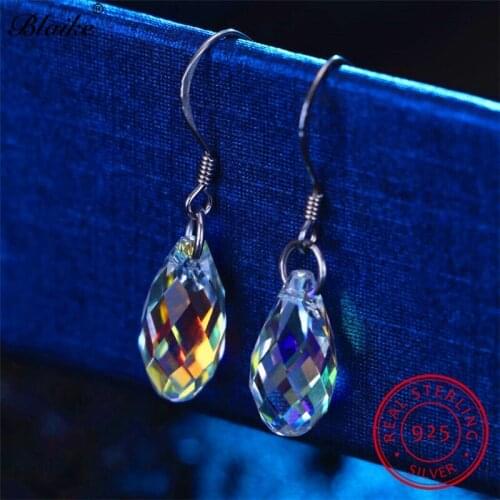 Gradient Austrian Crystal Water Drop Earrings Real 925 Sterling Silver Wedding Teardrop Dangle Earrings For Women Topaz Jewelry