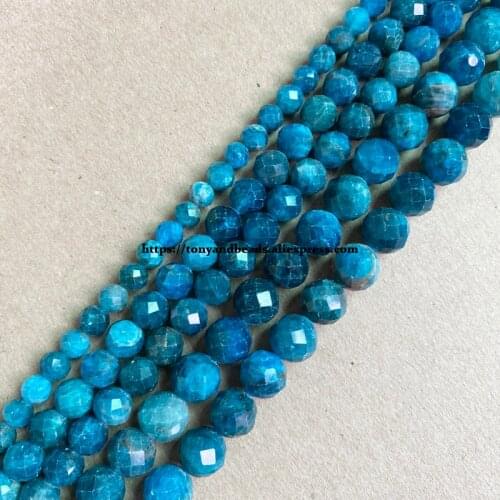 2lots more 10% off ! Semi-precious Stone Diamond Cuts Faceted AA Quality Blue Apatite 7" Round Loose Beads 6 8 10 mm