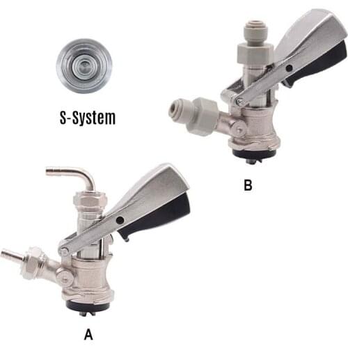 S System Keg Coupler Brass Body Stainless Probe 8mm Hose Barb & 8mm Push Fittings Commercial Keg Coupler