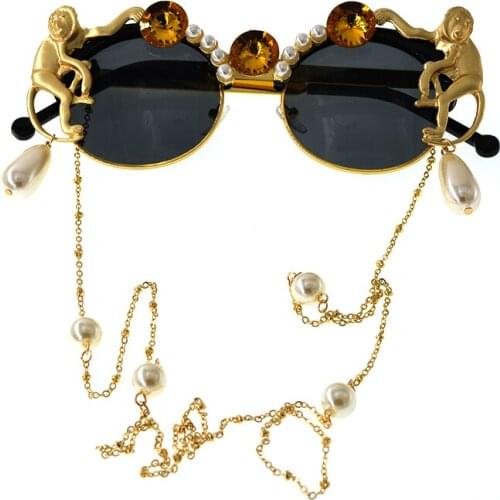 Gold Monkey Baroque Sunglasses Women Brand Retro Leopard Beach Metal Chain Pearl Cat Eye Ladies Sun Glasses Lunette Soleil Femme