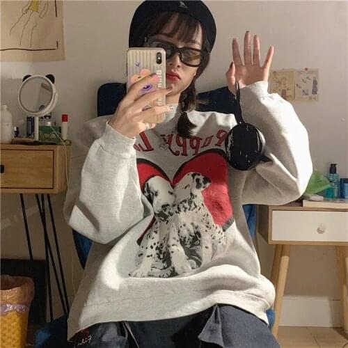 Street Korean long-sleeved casual top sports sweater Y2K retro sweet cartoon printed sweater womens round neck loose warm