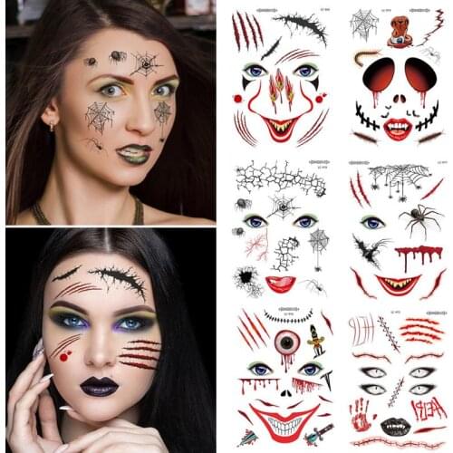 1pcs Waterproof Halloween Face Tattoo Sticker Atmosphere Funny Blemish Masquerade Tattoo Face Sticker Decorations Stickers New