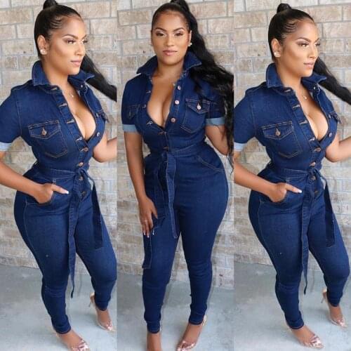 W8219 Fashion casual sexy denim jumpsuit trousers dark blue belt bodysuit woman jumpsuit sportswear ladies 2020 womens work