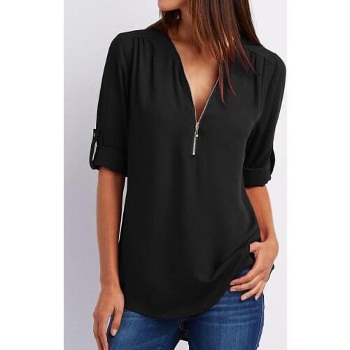 Womens Long Sleeve Casual V Neck Solid Chiffon Blouses Loose Tops Cuffed Pleated Zip Up Blouse Shirts