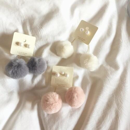 Rabbit Fur Ball PomPom Long Drop Earrings for Women Unique Soft Pom Pom Ear Dangle simulated pearl Earring Jewelry Cute Gift