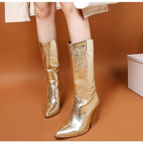 Silver Black Gold Brown Mid-Calf Cowboy Boots for Women Pointed Toe Half Boots Heeled Western Winter Ladies Boots Shoes 2019