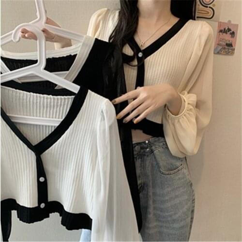 Girls Patched Chiffon Full Lantern Sleeve Sweaters Cardigan Crop Top Cardigan Female 2021 Knitted Thin Cropped Sweater Shirts