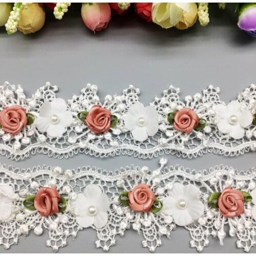 10X Soluble Pearl Rose Flower Wave Embroidered Mesh Lace Trim Ribbon Fabric Sewing Craft For Costume Wedding Dress Decoration