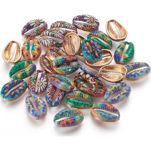 200pcs Printed Alloy Links Connectors Cowrie Shell Shape Light Gold Colorful 16x11x3.5mm DIY Jewelry Making Handicrafts Supplies