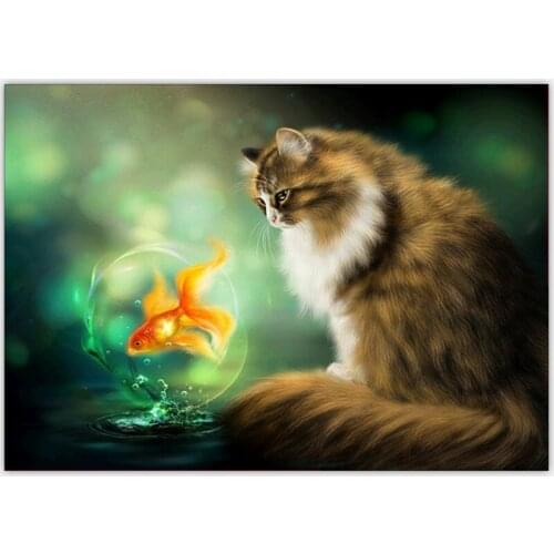 Diamond Embroidery Diy Diamond Painting Cross Stitch Kits Diamond Mosaic Cat and goldfish Full Square Diamond Embroidery