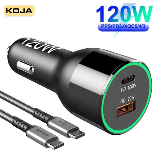 120W USB C Car Charger 2-Port PPS/PD 65/45/30/20/18W Quick Charge 3.0 For IPhone 12 Samsung Xiaomi Phone TYPE C Laptop Tablet